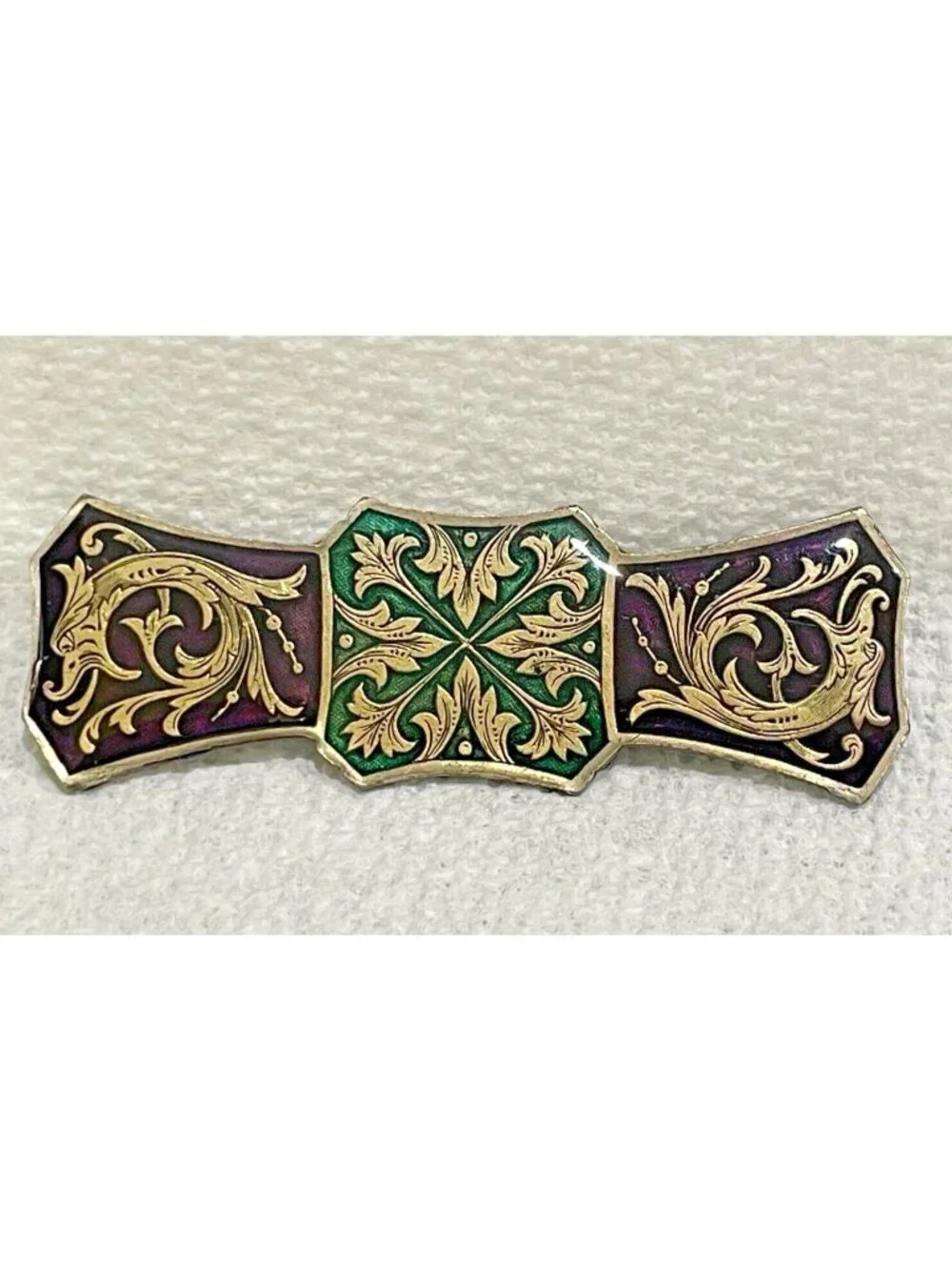 Vintage Catherine Popesco France Enamel Bar Brooch Purple Green Revival Stamped